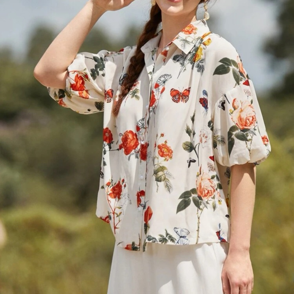 Floral and butterfly print button up blouse